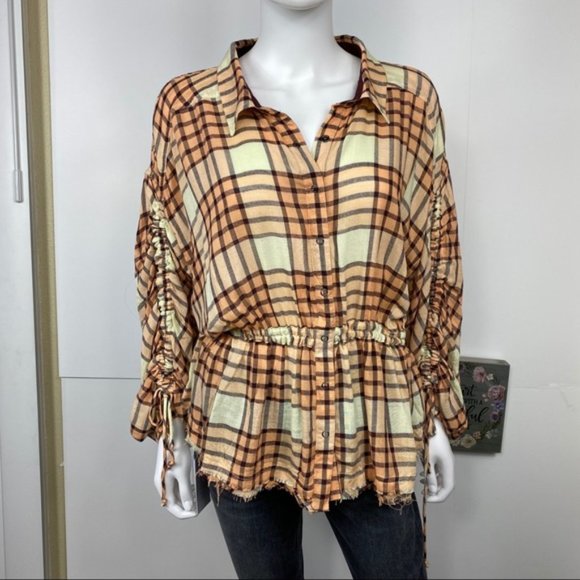 Free People We The Free Pacific Dawn Plaid Shirt Size Large NWT Peach Tree Combo - Picture 2 of 9
